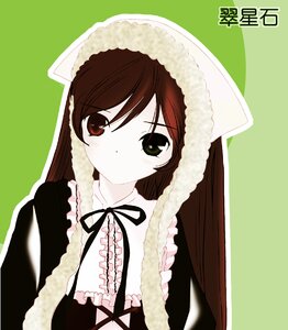 Rating: Safe Score: 0 Tags: 1girl bangs blush brown_hair dress frills green_background green_eyes head_scarf image long_hair long_sleeves looking_at_viewer ribbon simple_background solo suiseiseki upper_body User: admin