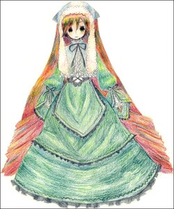 Rating: Safe Score: 0 Tags: 1girl border brown_hair dress frills full_body green_dress green_eyes hat heterochromia image long_hair long_sleeves looking_at_viewer red_eyes ribbon simple_background solo suiseiseki twintails very_long_hair white_background User: admin