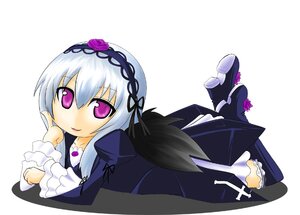 Rating: Safe Score: 0 Tags: 1girl black_wings dress flower frills full_body hairband image legs_up long_hair long_sleeves looking_at_viewer lying on_stomach purple_eyes ribbon silver_hair solo suigintou wings User: admin