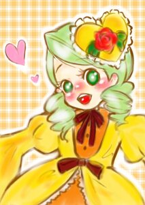 Rating: Safe Score: 0 Tags: 1girl blush dress flower frills green_eyes green_hair hat heart image kanaria open_mouth plaid_background ribbon smile solo yellow_dress User: admin