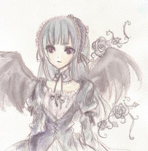 Rating: Safe Score: 0 Tags: 1girl bangs bare_shoulders black_wings checkered checkered_background dress feathered_wings flower image long_hair looking_at_viewer purple_eyes rose solo suigintou wings User: admin