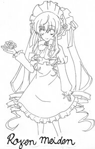 Rating: Safe Score: 0 Tags: 1girl dress drill_hair flower frills greyscale image long_hair long_sleeves monochrome rose shinku smile solo striped twin_drills very_long_hair white_background User: admin