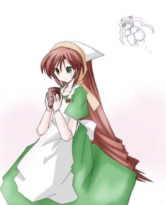 Rating: Safe Score: 0 Tags: 2girls apron dress green_dress green_eyes head_scarf image long_hair long_sleeves multiple_girls puffy_sleeves short_sleeves simple_background solo standing suiseiseki twintails very_long_hair white_background User: admin