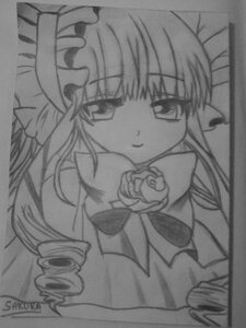 Rating: Safe Score: 0 Tags: 1girl drill_hair flower greyscale image long_hair looking_at_viewer monochrome photo rose shinku solo traditional_media User: admin