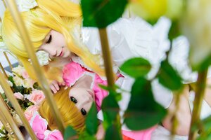 Rating: Safe Score: 0 Tags: 2girls bangs blonde_hair blurry blurry_foreground closed_eyes depth_of_field dress flower long_hair multiple_cosplay multiple_girls rose siblings smile tagme User: admin