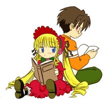 Rating: Safe Score: 0 Tags: 1boy 1girl auto_tagged blonde_hair blue_eyes blush bonnet book brown_hair dress drill_hair image long_hair long_sleeves open_book pants reading shinku simple_background sitting solo twin_drills twintails very_long_hair white_background User: admin