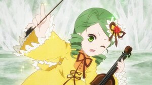 Rating: Safe Score: 0 Tags: 1girl bow_(instrument) drill_hair flower green_eyes green_hair hair_ornament image instrument kanaria long_sleeves music one_eye_closed playing_instrument rain ribbon rose solo twin_drills violin User: admin