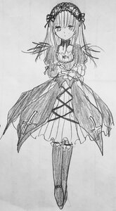 Rating: Safe Score: 0 Tags: 1girl boots choker dress flower frills full_body greyscale hairband image lolita_hairband long_hair long_sleeves looking_at_viewer monochrome solo standing suigintou traditional_media User: admin
