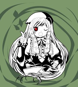 Rating: Safe Score: 0 Tags: 1girl ;d dress frills hat image long_hair long_sleeves looking_at_viewer monochrome one_eye_closed open_mouth red_eyes simple_background smile solo suiseiseki very_long_hair User: admin