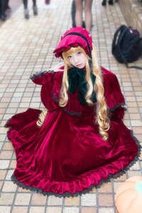 Rating: Safe Score: 0 Tags: 1girl blonde_hair blue_eyes blurry blurry_background blurry_foreground chain-link_fence depth_of_field dress drill_hair fence floor hat long_hair long_sleeves looking_at_viewer photo red_dress shinku sitting solo tile_floor tiles User: admin