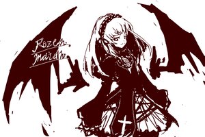 Rating: Safe Score: 0 Tags: 1girl cowboy_shot dress frills hairband image lolita_hairband long_hair long_sleeves monochrome rose simple_background solo standing suigintou white_background wings User: admin