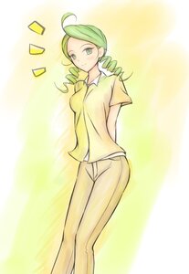 Rating: Safe Score: 0 Tags: 1girl ahoge arms_behind_back breasts drill_hair green_eyes green_hair image kanaria long_hair looking_at_viewer pants shirt short_sleeves smile solo standing twin_drills yellow_background User: admin