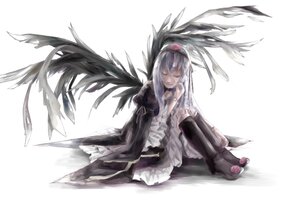 Rating: Safe Score: 0 Tags: 1girl black_wings dress full_body hairband image long_hair long_sleeves silver_hair sitting solo striped suigintou vertical_stripes white_background wings User: admin