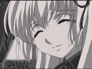 Rating: Safe Score: 0 Tags: 1girl black_border blush close-up closed_eyes hair_ribbon image letterboxed monochrome ribbon smile solo suigintou User: admin