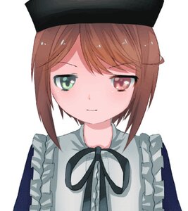 Rating: Safe Score: 0 Tags: 1girl apron bangs black_ribbon brown_eyes brown_hair closed_mouth eyebrows_visible_through_hair frills hat image looking_at_viewer ribbon short_hair simple_background solo souseiseki striped upper_body white_background User: admin