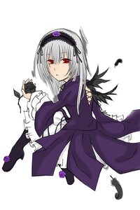 Rating: Safe Score: 0 Tags: 1girl black_wings dress feathers flower frilled_sleeves frills full_body hairband holding image long_hair long_sleeves looking_at_viewer looking_back purple_flower purple_rose red_eyes rose silver_hair simple_background solo suigintou white_background wings User: admin