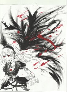 Rating: Safe Score: 0 Tags: 1girl black_wings dress feathered_wings feathers frills hairband image lolita_hairband long_hair long_sleeves looking_at_viewer red_eyes smile solo spot_color suigintou traditional_media wings User: admin