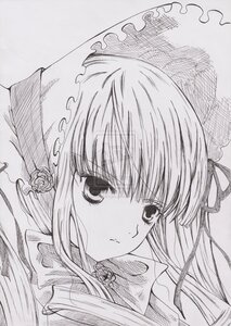 Rating: Safe Score: 0 Tags: 1girl bangs closed_mouth eyebrows_visible_through_hair flower frills hair_ribbon image long_hair looking_at_viewer monochrome ribbon rose shinku simple_background solo suigintou traditional_media upper_body white_background User: admin