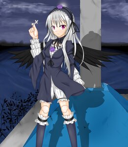 Rating: Safe Score: 0 Tags: 1girl black_wings cloud cross doll_joints dress flower frills gothic_lolita hairband image joints kneehighs lolita_fashion long_hair long_sleeves night pink_eyes rose silver_hair sky solo suigintou torn_clothes wings User: admin
