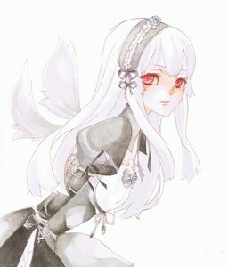 Rating: Safe Score: 3 Tags: 1girl bangs hairband image long_hair long_sleeves looking_at_viewer puffy_sleeves red_eyes ribbon solo striped suigintou white_hair wings User: admin