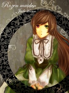 Rating: Safe Score: 0 Tags: 1girl brown_hair dress frills green_dress green_eyes heterochromia image long_hair long_sleeves looking_at_viewer red_eyes ribbon sitting solo suiseiseki very_long_hair User: admin