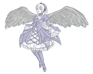 Rating: Safe Score: 0 Tags: 1girl angel_wings black_wings boots dress feathered_wings feathers frills full_body hairband image knee_boots long_hair long_sleeves monochrome ribbon simple_background solo striped suigintou white_background wings User: admin