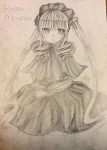 Rating: Safe Score: 0 Tags: 1girl bonnet dress frills image long_hair long_sleeves looking_at_viewer monochrome shinku solo traditional_media twintails User: admin