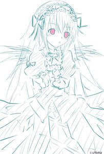 Rating: Safe Score: 0 Tags: 1girl blush dress eyebrows_visible_through_hair frills hairband image juliet_sleeves lolita_hairband long_hair long_sleeves looking_at_viewer monochrome puffy_sleeves ribbon simple_background solo suigintou very_long_hair white_background wings User: admin