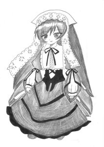 Rating: Safe Score: 0 Tags: 1girl alternate_hairstyle bangs blush closed_mouth dress eyebrows_visible_through_hair frills full_body greyscale hair_between_eyes image juliet_sleeves long_sleeves looking_at_viewer monochrome neck_ribbon puffy_sleeves ribbon smile solo suiseiseki very_long_hair User: admin