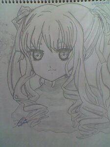 Rating: Safe Score: 0 Tags: 1girl :3 closed_mouth drill_hair graphite_(medium) image looking_at_viewer monochrome photo ringlets shinku signature simple_background solo tomoe_mami traditional_media twin_drills User: admin