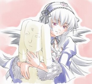 Rating: Safe Score: 0 Tags: 1girl black_wings blush detached_collar dress flower frilled_sleeves frills hairband image lolita_hairband long_hair long_sleeves looking_at_viewer pink_eyes rose silver_hair smile solo suigintou upper_body wings User: admin