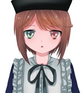 Rating: Safe Score: 0 Tags: 1girl :o apron bangs black_headwear black_ribbon brown_hair eyebrows_visible_through_hair frills hat image looking_at_viewer ribbon short_hair simple_background solo souseiseki striped swept_bangs upper_body white_background User: admin