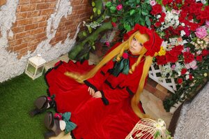 Rating: Safe Score: 0 Tags: 1girl blonde_hair blue_eyes bonnet bow dress flower long_hair red_dress red_flower red_rose rose shinku sitting solo very_long_hair User: admin