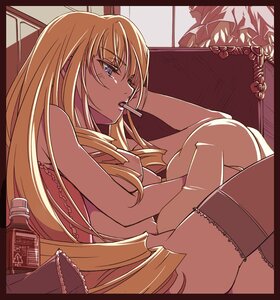 Rating: Questionable Score: 0 Tags: 1girl blonde_hair blue_eyes breasts drill_hair food image long_hair mouth_hold shinku sitting solo thighhighs User: admin