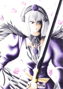 Rating: Safe Score: 0 Tags: 1girl detached_collar dress feathers flower frills hairband image long_hair long_sleeves looking_at_viewer rose silver_hair solo suigintou traditional_media upper_body wings User: admin