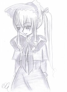 Rating: Safe Score: 0 Tags: 1girl auto_tagged blush bow bowtie dress greyscale hairband image long_hair long_sleeves monochrome shinku simple_background solo striped white_background User: admin