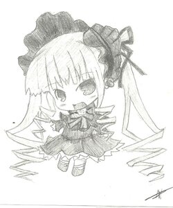 Rating: Safe Score: 0 Tags: 1girl bonnet bow bowtie chibi dress drill_hair full_body greyscale image long_hair long_sleeves monochrome open_mouth shinku simple_background solo standing traditional_media twintails white_background User: admin