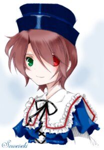 Rating: Safe Score: 0 Tags: 1girl blue_dress blue_headwear brown_hair frills green_eyes hat heterochromia image looking_at_viewer red_eyes ribbon short_hair simple_background smile solo souseiseki upper_body User: admin