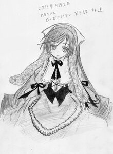 Rating: Safe Score: 0 Tags: 1girl blush closed_mouth dress frills greyscale image long_hair long_sleeves looking_at_viewer monochrome ribbon simple_background smile solo suiseiseki very_long_hair User: admin