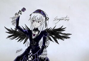 Rating: Safe Score: 0 Tags: 1girl black_wings cross-laced_clothes detached_collar dress flower frills hairband image juliet_sleeves long_hair long_sleeves puffy_sleeves ribbon rose silver_hair simple_background solo suigintou wings User: admin