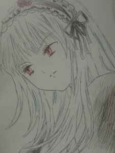 Rating: Safe Score: 0 Tags: 1girl bangs closed_mouth eyebrows_visible_through_hair flower hairband image long_hair looking_at_viewer monochrome red_eyes ribbon rose simple_background solo suigintou traditional_media User: admin