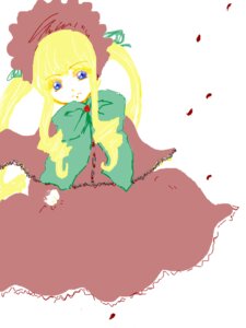 Rating: Safe Score: 0 Tags: 1girl blonde_hair blue_eyes bonnet bow bowtie dress flower image long_hair long_sleeves looking_at_viewer petals red_dress shinku solo striped striped_background User: admin