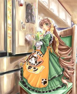 Rating: Safe Score: 0 Tags: 1girl apron brown_hair dress drill_hair frills green_dress green_eyes image long_hair long_sleeves solo suiseiseki twin_drills very_long_hair User: admin