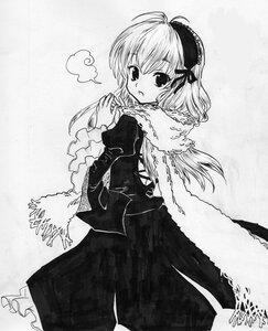 Rating: Safe Score: 0 Tags: 1girl capelet dress greyscale hairband image long_hair long_sleeves looking_at_viewer looking_back monochrome solo suigintou traditional_media User: admin