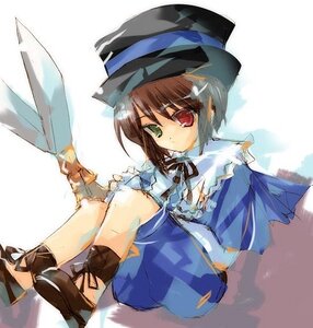 Rating: Safe Score: 0 Tags: 1girl bangs black_headwear blue_dress blue_ribbon blue_shorts brown_footwear brown_hair dress eyebrows eyebrows_visible_through_hair green_eyes hat heterochromia holding holding_weapon image long_sleeves looking_at_viewer photoshop_(medium) red_eyes ribbon rozen_maiden scissors shoes short_hair shorts simple_background sitting solo souseiseki top_hat tsukamichi_fumi weapon white_background User: admin
