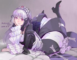 Rating: Safe Score: 0 Tags: 1girl arm_support artist_name boots bow commentary_request dated dress frilled_sleeves frills gothic_lolita hairband head_rest high_heel_boots high_heels highres image light_purple_hair lolita_fashion lolita_hairband long_hair long_sleeves looking_at_viewer lying moruga on_stomach pink_eyes rozen_maiden silver_hair smile solo suigintou very_long_hair User: admin