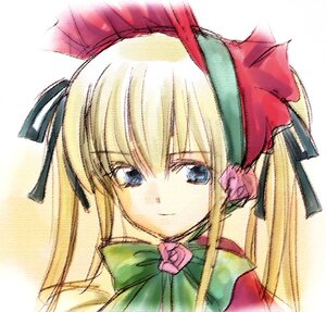 Rating: Safe Score: 0 Tags: 1girl bangs blonde_hair blue_eyes bow bowtie closed_mouth eyebrows_visible_through_hair face green_bow green_ribbon gyokusaijima hair_ribbon hat headdress image light_smile long_hair looking_at_viewer portrait ribbon rozen_maiden shinku simple_background sketch smile solo twintails white_background User: admin
