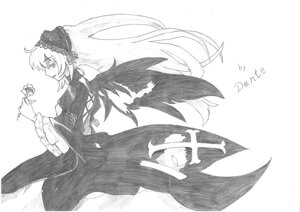Rating: Safe Score: 0 Tags: 1girl dress greyscale image long_sleeves monochrome short_hair signature solo striped striped_background suigintou vertical_stripes wings User: admin