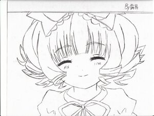 Rating: Safe Score: 0 Tags: 1girl bangs black_border blush closed_eyes closed_mouth drill_hair eyebrows_visible_through_hair facing_viewer fairy_wings greyscale hat hinaichigo image luna_child monochrome short_hair smile solo traditional_media wings User: admin