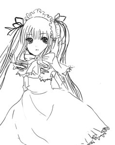 Rating: Safe Score: 0 Tags: 1girl auto_tagged blush dress greyscale hair_ribbon image long_hair looking_at_viewer monochrome ribbon shinku simple_background solo twintails white_background User: admin